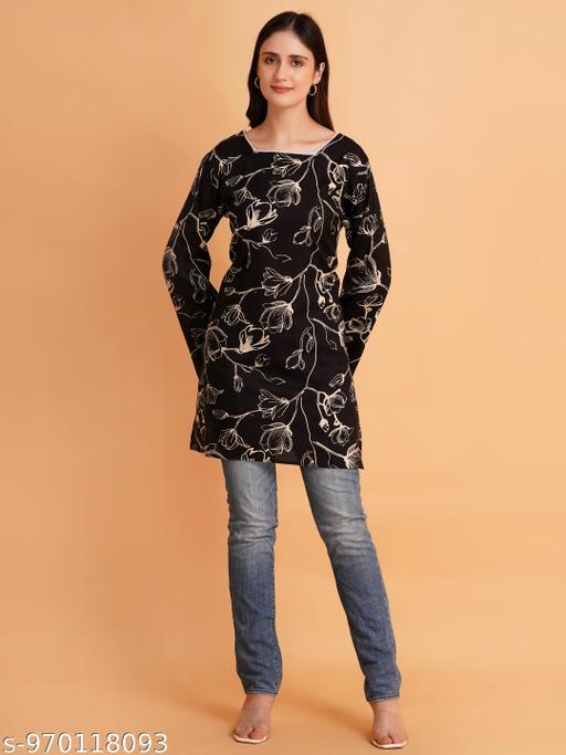 CENSAL Women's Floral Printed Square Neck Rayon Short Kurti