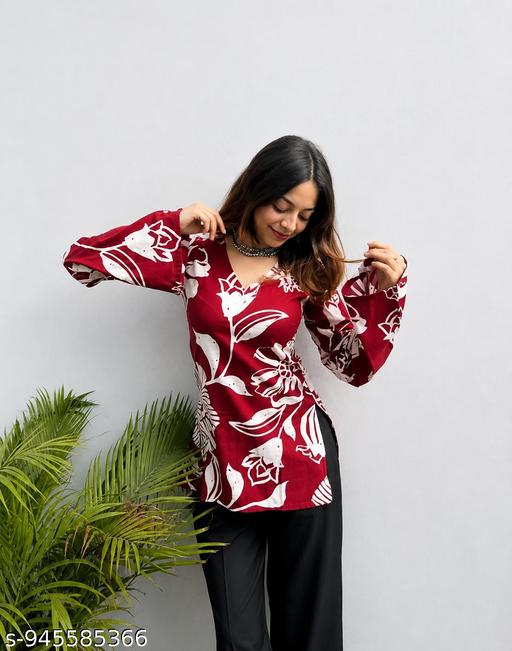 Women Floral Printed Rayon Kurti Top for Women | Casual Stylish Long Sleeve Top