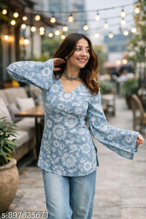 Stylish Sky Blue Floral Printed Bell Sleeve Kurti for Women