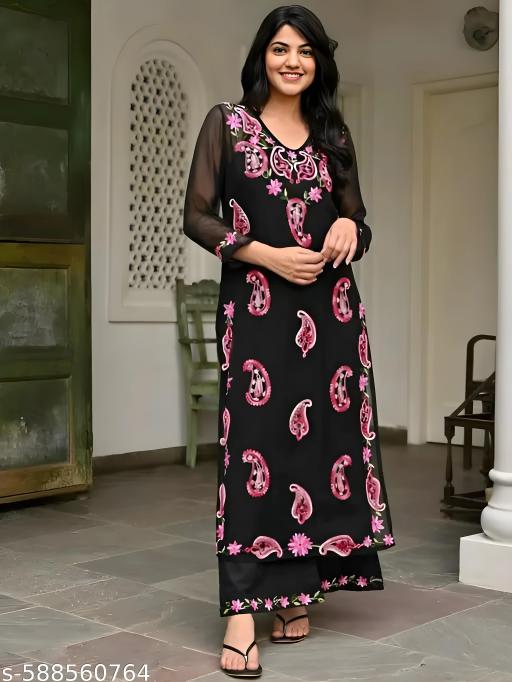 Black Georgette Anarkali Kurti with Pink Paisley Embroidery