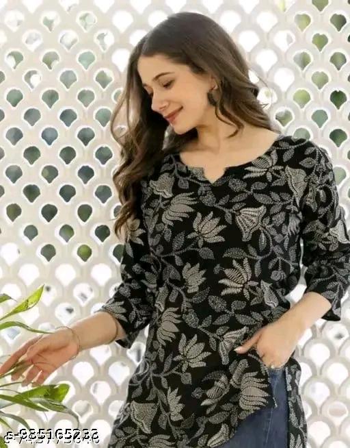 Premium Designer Girl's Short Kurti & Top - Trending Black Printed