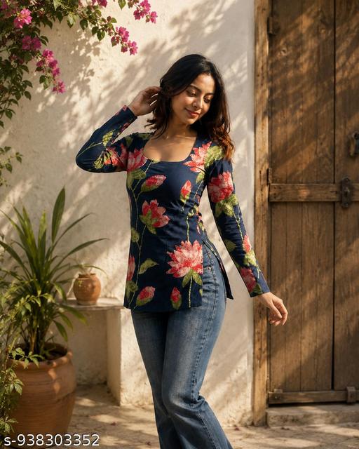 Navy Blue Floral Printed Square Neck Peplum Top