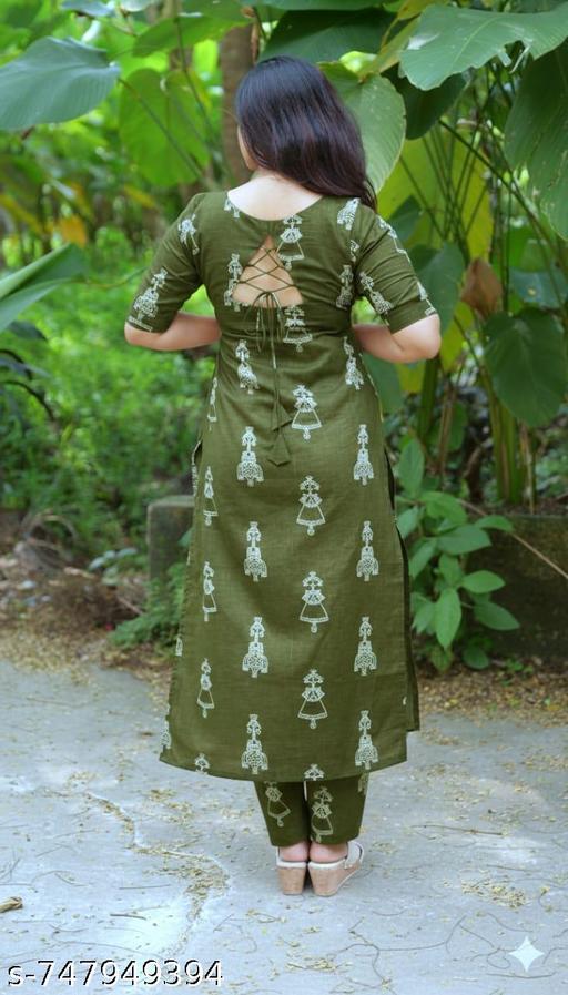 New Mehndi Colour Cord-Ords Set, Daily Wear Tesla Slub Cotton Bland Kurti Pant Set for Women