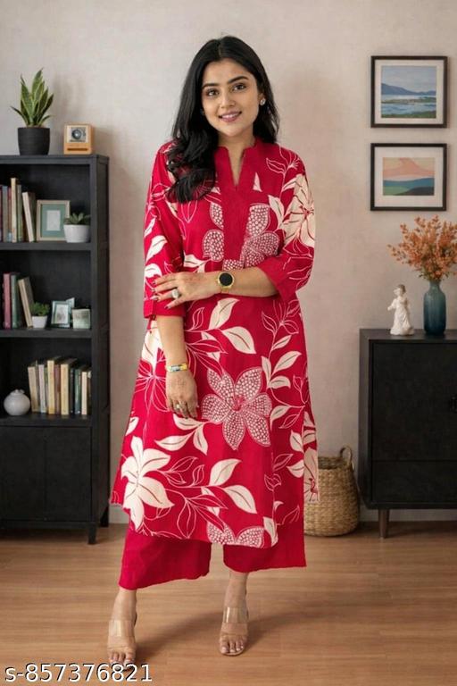 Premium Red Flower Kurti with Bottom - 12GMS