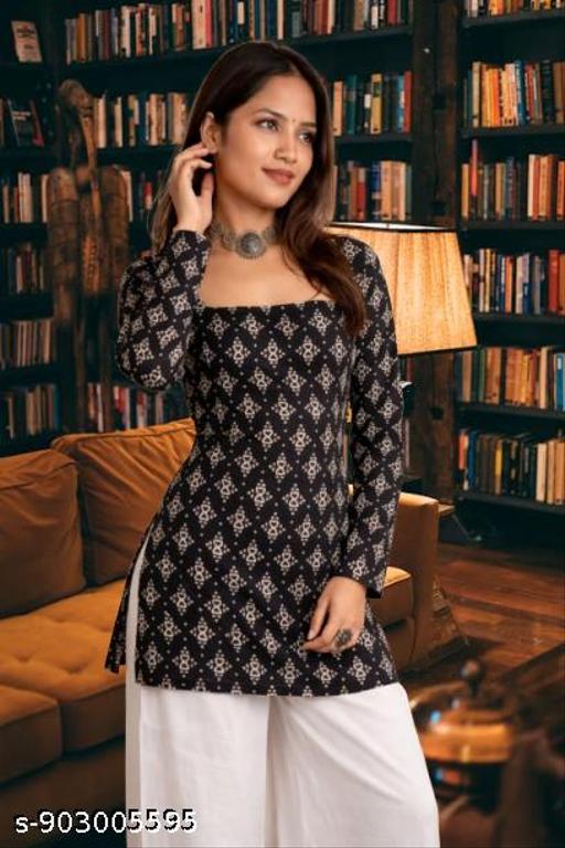 Premium Women's Black Ethnic Printed Long Sleeve Kurta Top