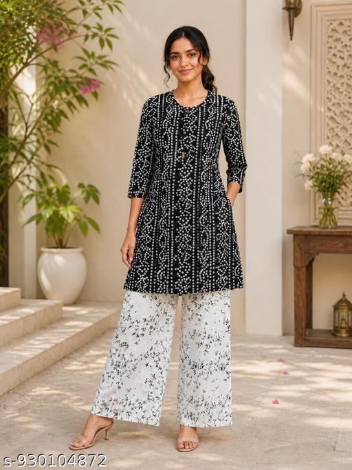 Premium Women's Kurta Set - Black & White Bandhani Print