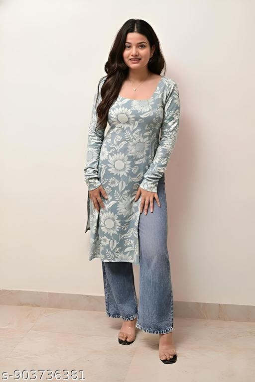 Stylish Rayon Slub Printed Kurti with Square Neck & Back Adjustable Dori (Light Grey)