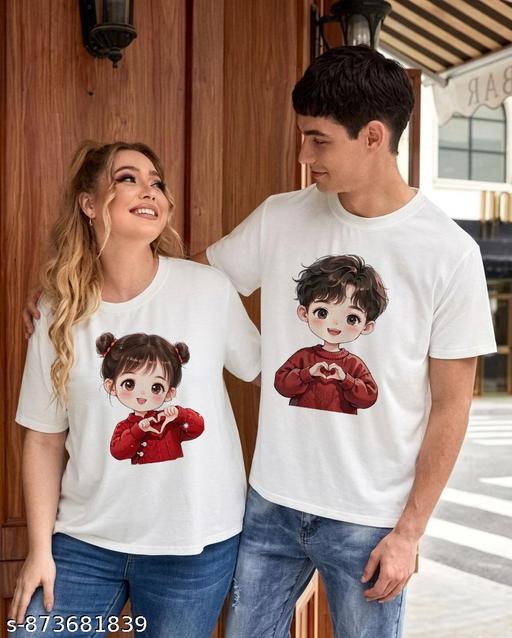 White Couple T-Shirts - Lycra Fabric, Round Neck, Half Sleeve, Printed Design for Comfortable Daily Use