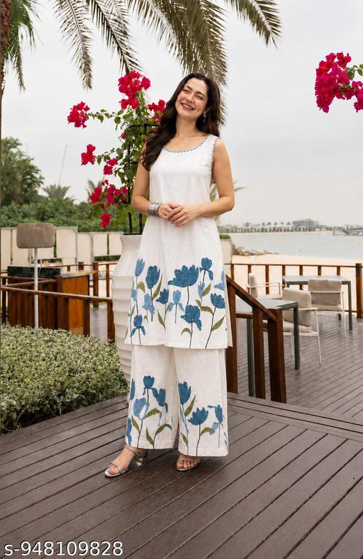 White Floral Printed Co-Ord Set with Wide-Leg Pants