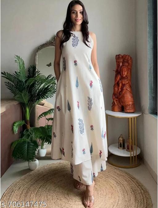 WOLF Women's Cotton Daily Wear Festival Wear White Printed Sleeveless Kurti Set