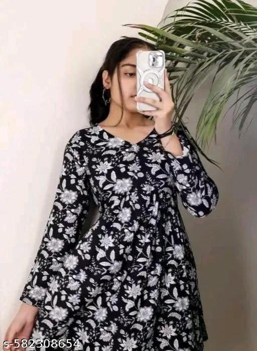Women's Black Floral Printed Cotton A-Line Short Kurti | V-Neck Casual Tunic Top for Office & Daily Wear