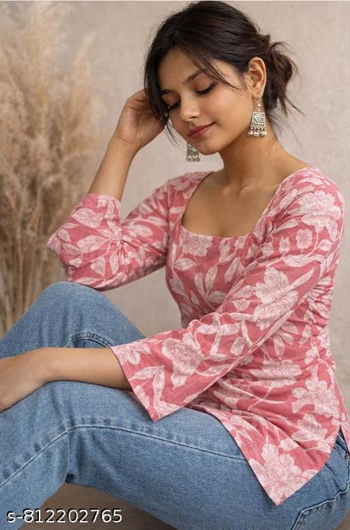 Women's Floral Printed Pink Kurti Top