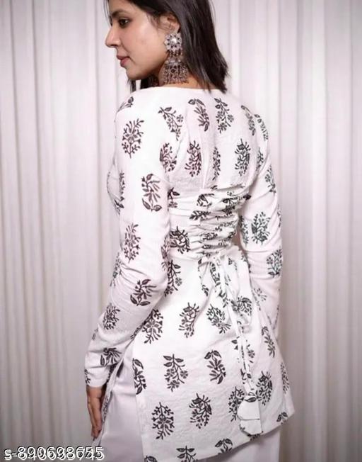 Women's White Floral Printed Cotton Short Kurti Top with Back Tie-Up